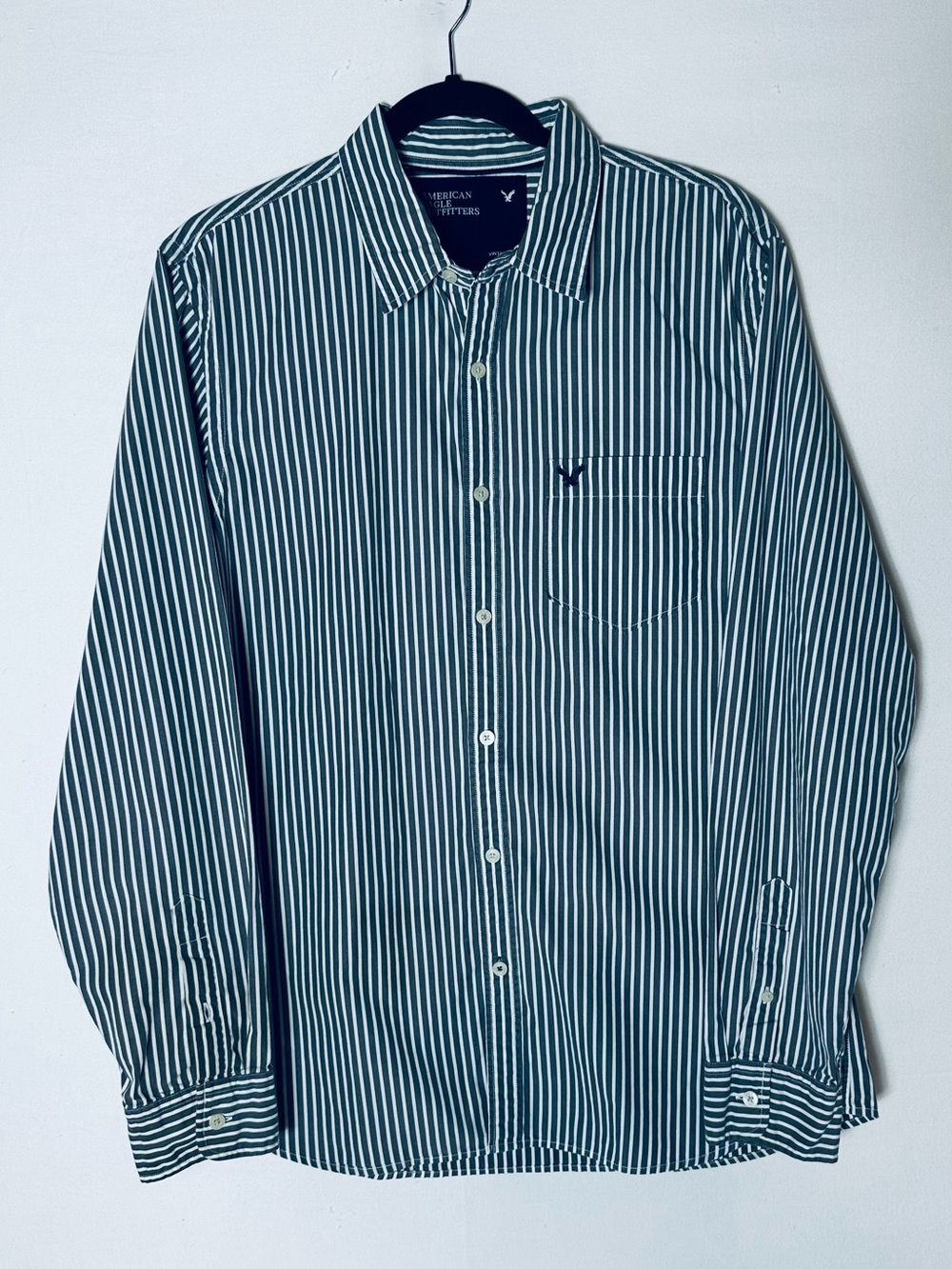 Vintage Y2K American Eagle Grey White Striped Button Down Shirt L Preppy Grunge